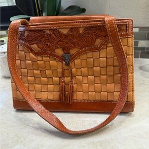 Vintage American West hand tooled weaved leather shoulder bag